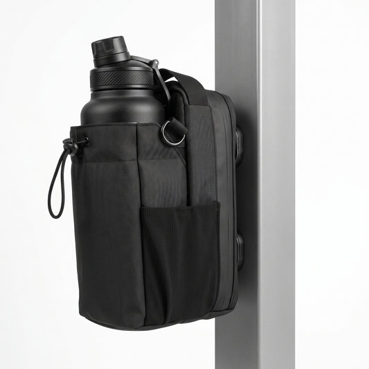 An isometric angled profile view of the black Aveliques Magnetic Gym Bag showing the multiple magnetic plates on the back, temporarily attached to a metal plate, demonstrating its function, on a seamless white background.
