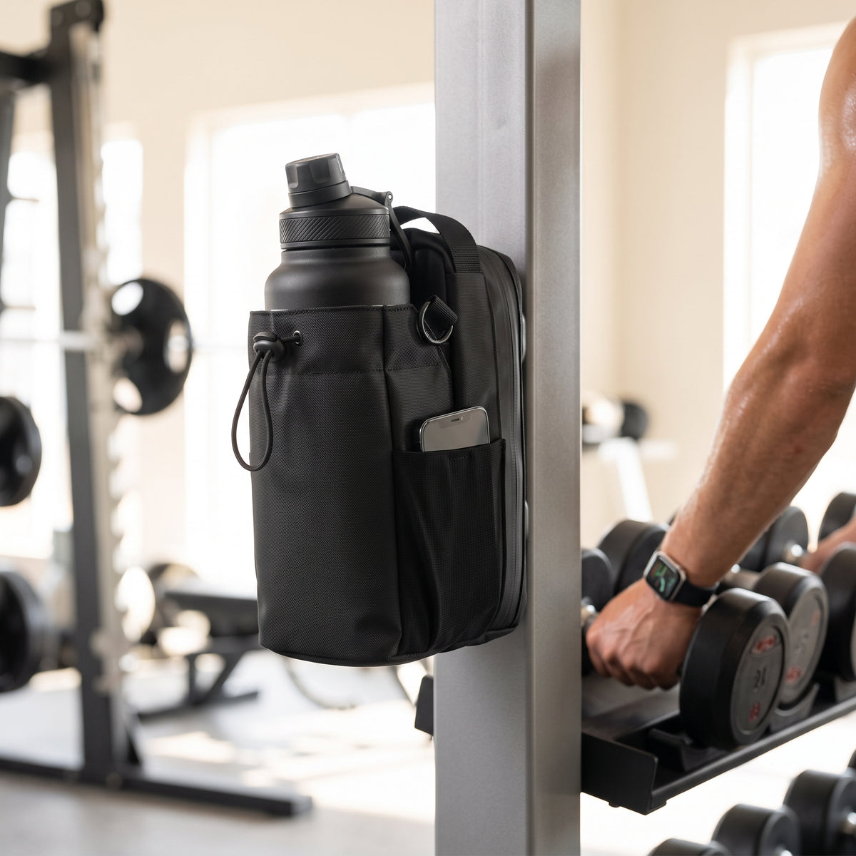 A photorealistic lifestyle shot of the Aveliques Magnetic Gym Bag attached to a steel power rack in a modern gym, holding a water bottle and smartphone, completely off the floor.
